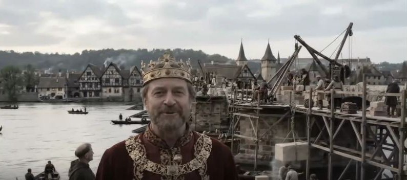 Emperor Charles IV by the river, with a bridge under construction behind him