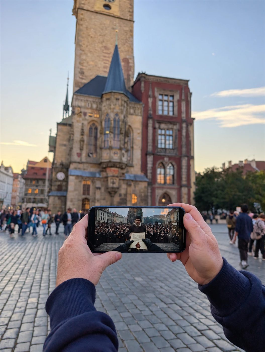 The headsman’s scene on a phone in front of the Old Town Hall