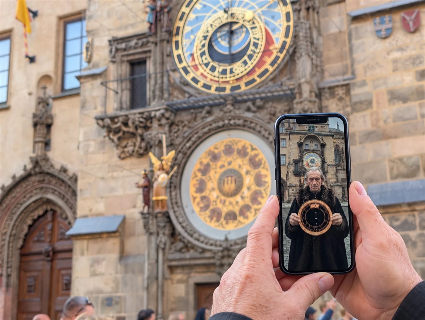 The clockmaker’s scene on a phone beneath the Astronomical Clock