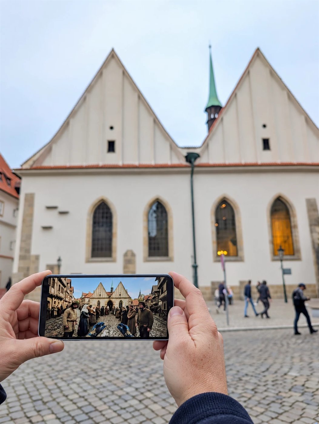 A medieval scene on a phone in front of the Bethlehem Chapel