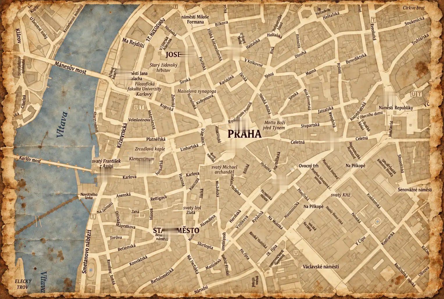 Illustrated map of Prague’s Old Town with red wax seals on the places of the story